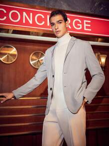 AKNOTIC Business Casual Men's Notched Collar Single Breasted Woven Blazer Jacket - Grey - View 3