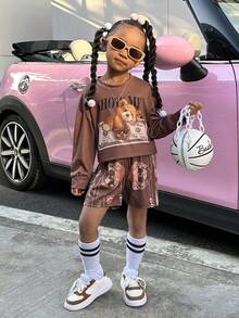 SHEIN Little Girls' Cartoon Bear Print Long Sleeve Top And Shorts Set - Brown - View 4