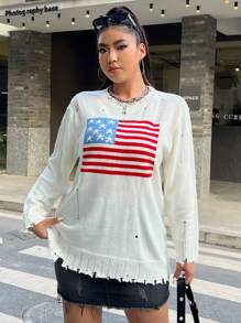 SHEIN EZwear 美國國旗磨損毛衣 - 白色 - 查看 3