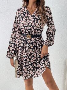 SHEIN Frenchy Ladies Full Printed Ruffle Sleeve Dress Winter Casual - Multicolor - View 3