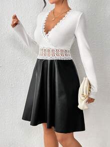 SHEIN Frenchy Lace Trimmed Contrast Pu Leather Hem Dress - White - View 5