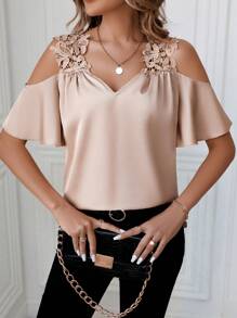 SHEIN Clasi Women's Off-Shoulder Ruffle Sleeve Blouse - Khaki - View 4