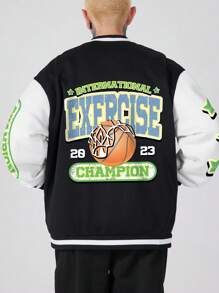 ROMWE MEN Street Life 男士籃球字母圖案雙色學位夾克 - 黑與白 - 查看 1