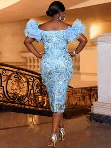 露肩蕾絲邊亮片正式晚禮服(大尺碼) - 藍色 - 查看 2