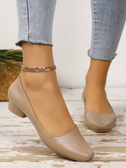 Fall/Winter Fashionable Simple Pu Leather Chunky Heel Low Vamp Ladies' Shoes, 3cm Heel, Breathable, Suitable For Work And Summer, Elegant