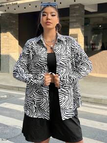 CovetEZ Kích thước lớn Mô hình ngựa vằn Tay áo dài Áo sơ mi - Đen và trắng - Xem 5