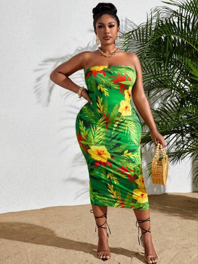 Slaydiva Plus Size Tropical Print Strapless Dress For Summer,Beach Dress Sundress,Holiday Outfits Boho