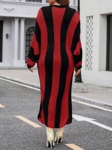 Calvaya 大尺寸撞色條紋圓領毛衣連身裙 - 紅色 - 查看 2