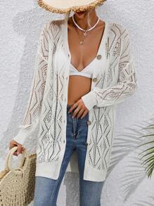 SHEIN VCAY 女款鏤空針織紐扣開襟衫 - 白色 - 查看 4