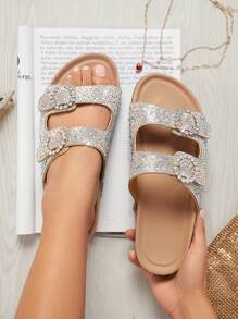 SHUZIA Giày sandal đế bệt bằng gỗ sồi lấp lánh đính đá Rhinestone khóa kép bán chạy nhất dành cho nữ - Thoải mái, sang trọng, lấp lánh. Giày đi nghỉ Giày thường Giày đi biển Quà tặng Ngày của Mẹ - Rượu sâm banh - Xem 2