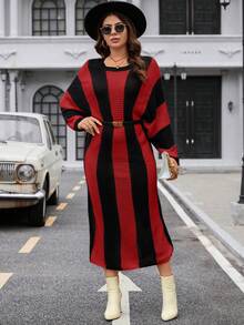 Calvaya 大尺寸撞色條紋圓領毛衣連身裙 - 紅色 - 查看 4