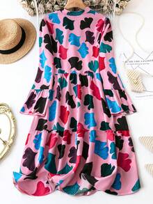 大尺寸全身印花喇叭袖連身裙 - 粉色 - 查看 2