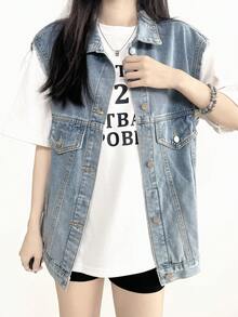 Áo vest denim cài nút phía trước thoải mái, không kèm áo lót - Rửa trung bình - Xem 6