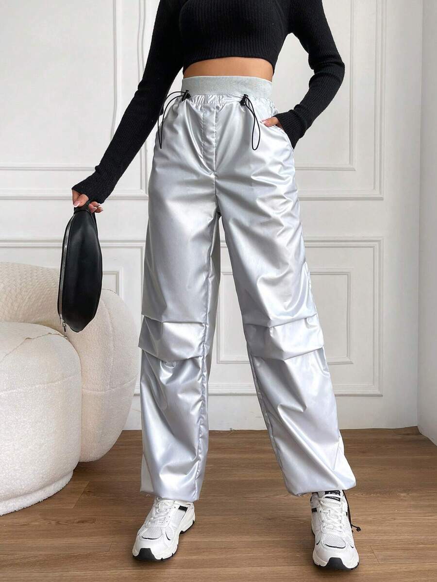 RueChic Women'S Elastic Waist Drawstring Parachute Pants - Silver - View 1