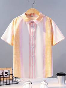 SHEIN 男孩寬鬆休閒翻領條紋短袖襯衫 - 粉色 - 查看 4