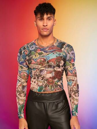 FeverCity Men Funny Cartoon Print Slim Fit Long Sleeve T-Shirt, Boyfriend Gift, For Going Out, Summer, Fall