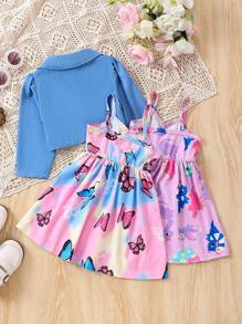 Bộ nhiều món cho bé gái Áo khoác ngắn in kỹ thuật số phong cách xuân thu với váy cami in đầy đủ - Nhiều màu - Xem 2