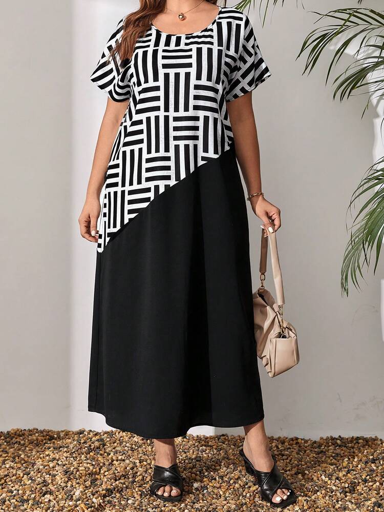 Plus Size Women'S Black And White Striped Patchwork Long Summer Dress,Spring/Vacation
