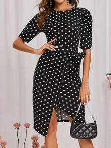 SHEIN Clasi 女士波點印花打結側邊包裝式裙子 - 黑與白 - 查看 2