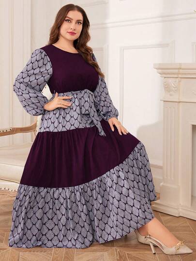 Seusyu 大尺碼對比印花拼接裙