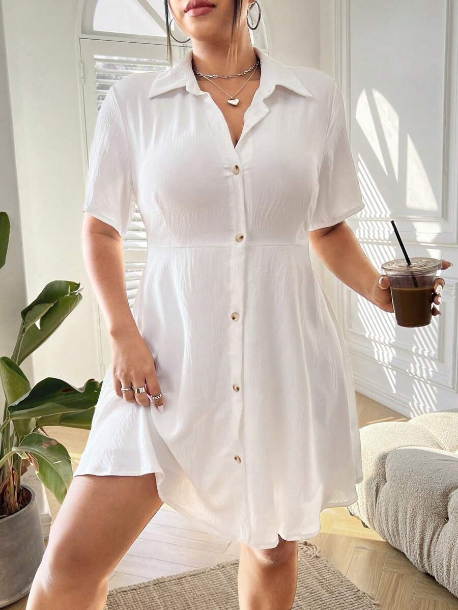 SHEIN EZwear Plus Size Women's Anti-See-Through Linen Texture A-Line Shirt Dress - White - View 1
