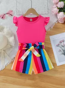 SHEIN Young Girl Ruffled Crew Neck Top And Rainbow Striped Shorts Two-Piece Set - Multicolor - View 1