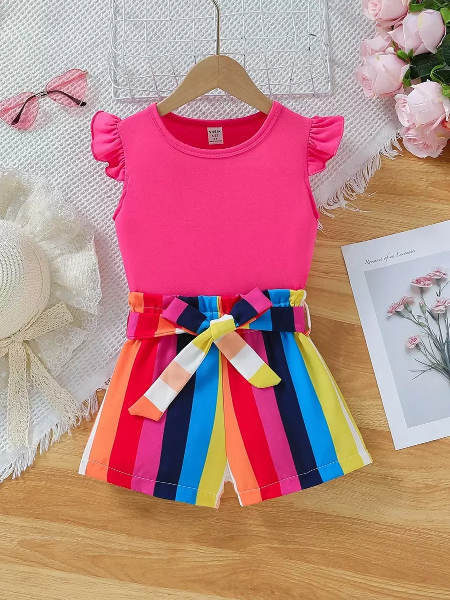 SHEIN Young Girl Ruffled Crew Neck Top And Rainbow Striped Shorts Two-Piece Set - Multicolor - View 1