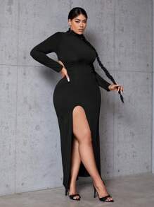 SHEIN SXY Women'S Plus Size Solid Color Stand Collar Backless Slit Dress - Black - View 4
