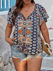 Breezaya Plus Size Random Printed Tie Front Short Sleeve Blouse, Summer - Navy Blue - View 3