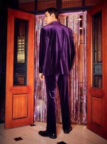 Business Casual Conjunto De Traje Holgado De Terciopelo Para Hombre Con Solapa De Pico, Cierre De Doble Botón Y Pantalón - Morado - Ver 3