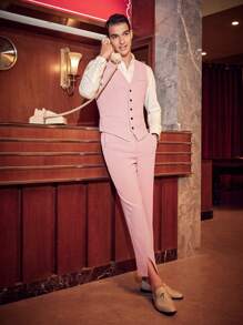 GENTILAND Men'S Button-Up Vest Suit Jacket And Pants, Woven Fabric - Pink - View 1