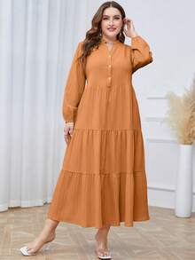 Mulvari Women's Plus Size Button Half Placket Ruffle Hem Dress - Burnt Orange - View 4