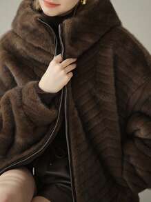 Hooded Mink Cashmere Coat - Brown - View 3
