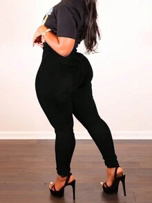 Women High-Waisted Casual Versatile Skinny Fit Jeans - Black - View 2