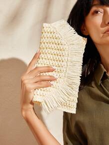 SHEIN VCAY 女性白色帶流蘇草編手拿包，波西米亞風格，完美適用於夏季、音樂節、潮新娘包、派對、婚禮、舞會、晚宴，可搭配婚紗、正式服裝、晚禮服、生日禮服、女性派對裝，沙灘度假和夏日必備女士手拿包