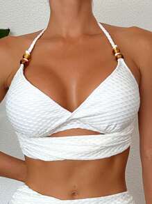 SHEIN Swim Women's Textured Halterneck Bikini Set Suit Summer Beach - White - View 3