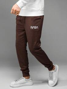 RueChic Men's Letter Printed Drawstring Waist Jogger Pants - Brown - View 4