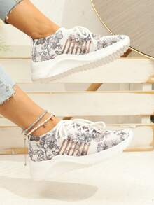 女士輕量舒適鞋底綁帶透氣運動鞋,帶蝴蝶印花設計,款式多樣,多色可選,隨機圖案,適用於全季節 - 彩色 - 查看 2