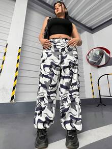 SHEIN EZwear 大尺碼女休閒街頭迷彩工裝褲 - 藏蓝色 - 查看 5