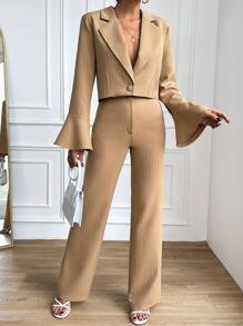 RueChic Ladies' Contrast Collar Stripe Suit Jacket And Pants Set - Apricot - View 2