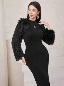 Modelyn Women'S Solid Color Bodycon Dress And Plush Waistcoat Two-Piece Set 2 Piece Set - Black - View 1