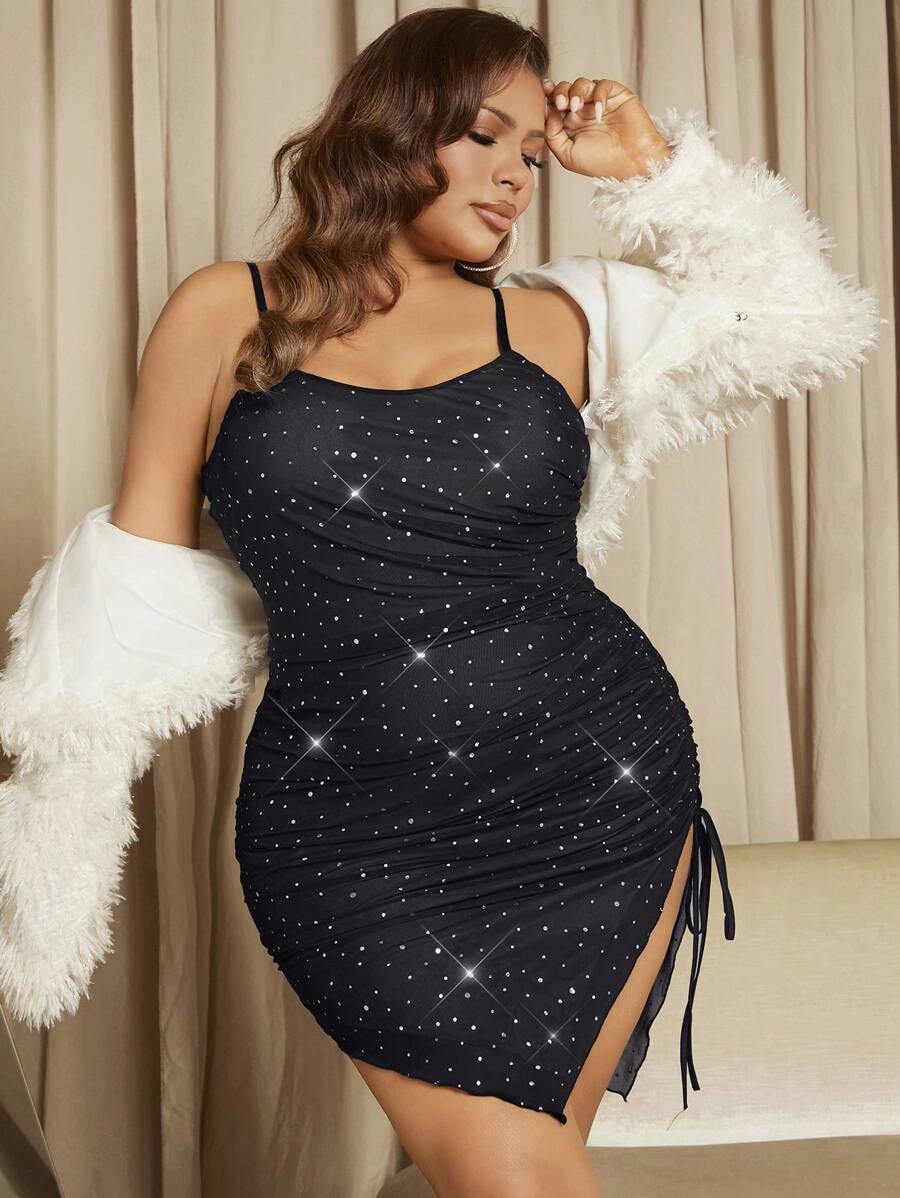 SHEIN SXY Kích thước lớn Đồ trang trí Rhinestone Lưới trong suốt Viền chia cắt Gợi cảm Đen Đầm Cho bữa tiệc Hoặc Ngày đêm - màu đen - Xem 1