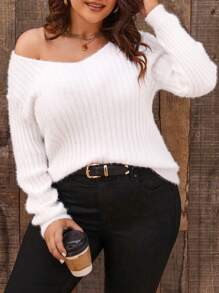 Calvaya Plus Solid V Neck Fluffy Sweater - White - View 3