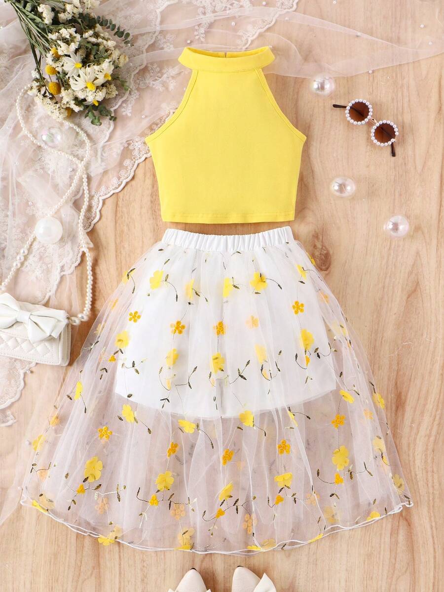Tween Girls' Solid Halter Top And Flower Embroidery Mesh-Overlay Skirt Set, School, Campus, College - Yellow - View 1