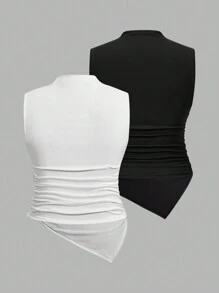 Firerie 2 Pcs/Set Plus Size Women's Sleeveless Tank Tops With Pleated Collar And Square Hem For Spring/Summer Outfits