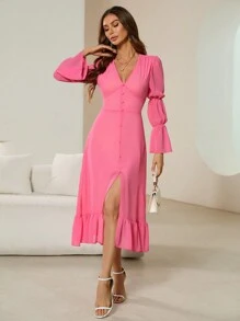 Aveloria Solid Color Ruffle Hem Long Sleeve Dress - Pink - View 5