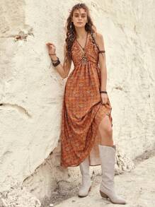 Bohemela Vestido Con Cuello Halter Y Estampado Integral Para Mujer - Naranja - Ver 6