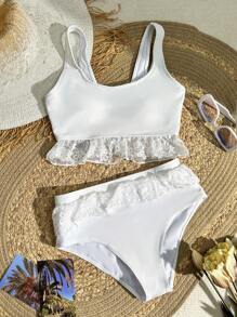 SHEIN Swim Women's Contrast Lace Tank Top Bikini Set Summer Beach - White - View 4