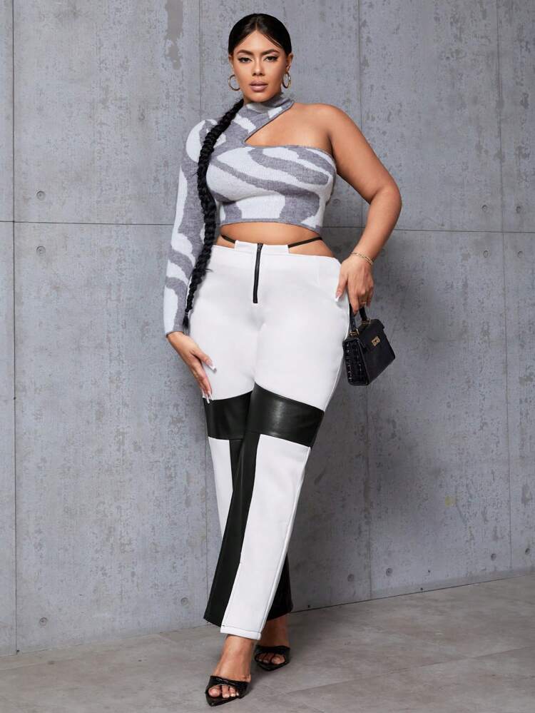 Plus Colorblock Cut Out Waist Split Hem Pants