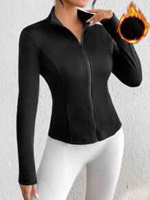 SHEIN Unity Solid Color Zippered Fleece Jacket - Black - View 1